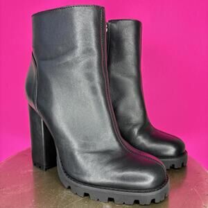 Schutz Nandy Black Leather Lug Sole High Block Heel Ankle Boot Sz 36